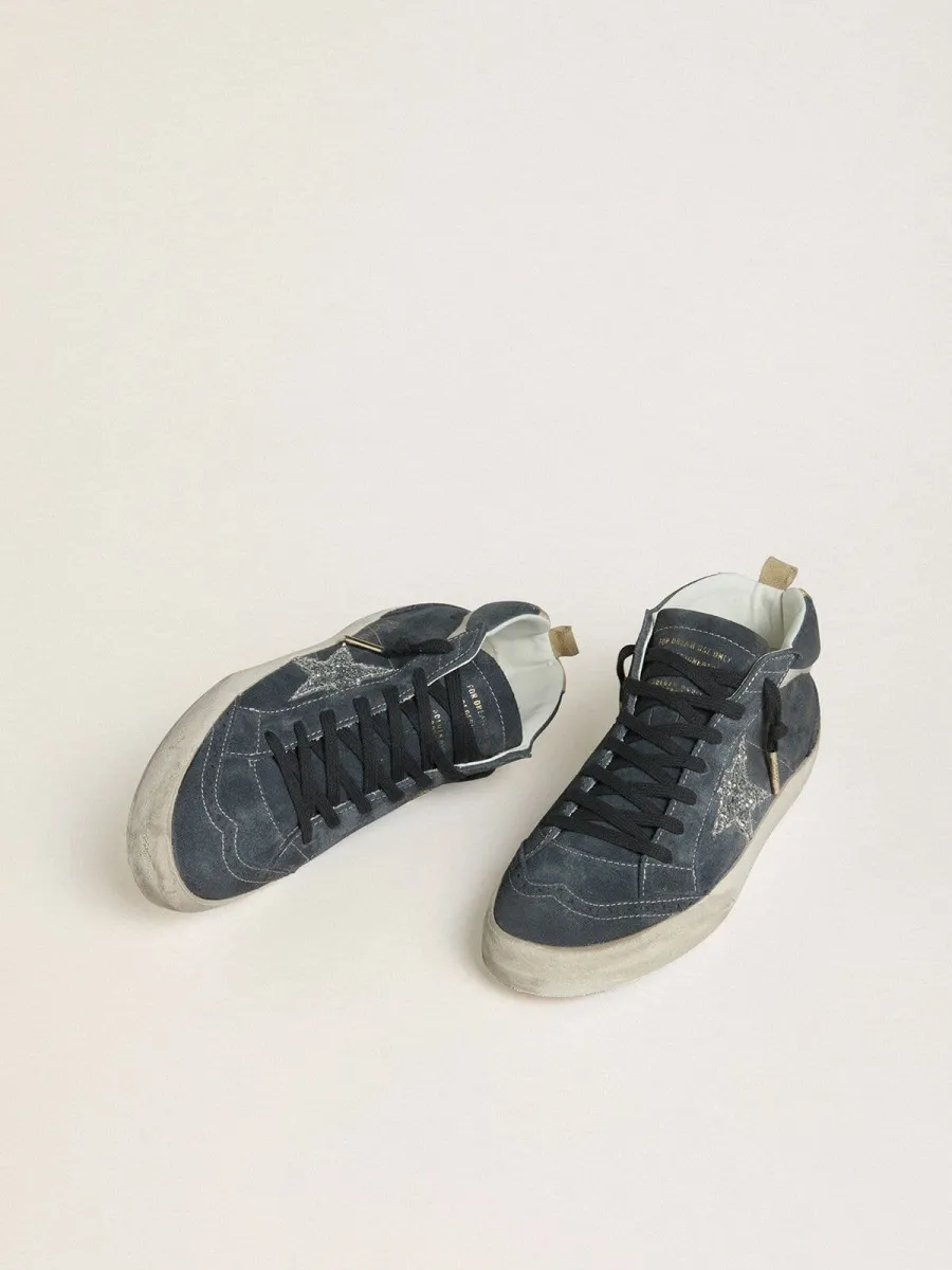 Mid Star Donna in suede blu petrolio con stella in glitter argento e virgola in cotone