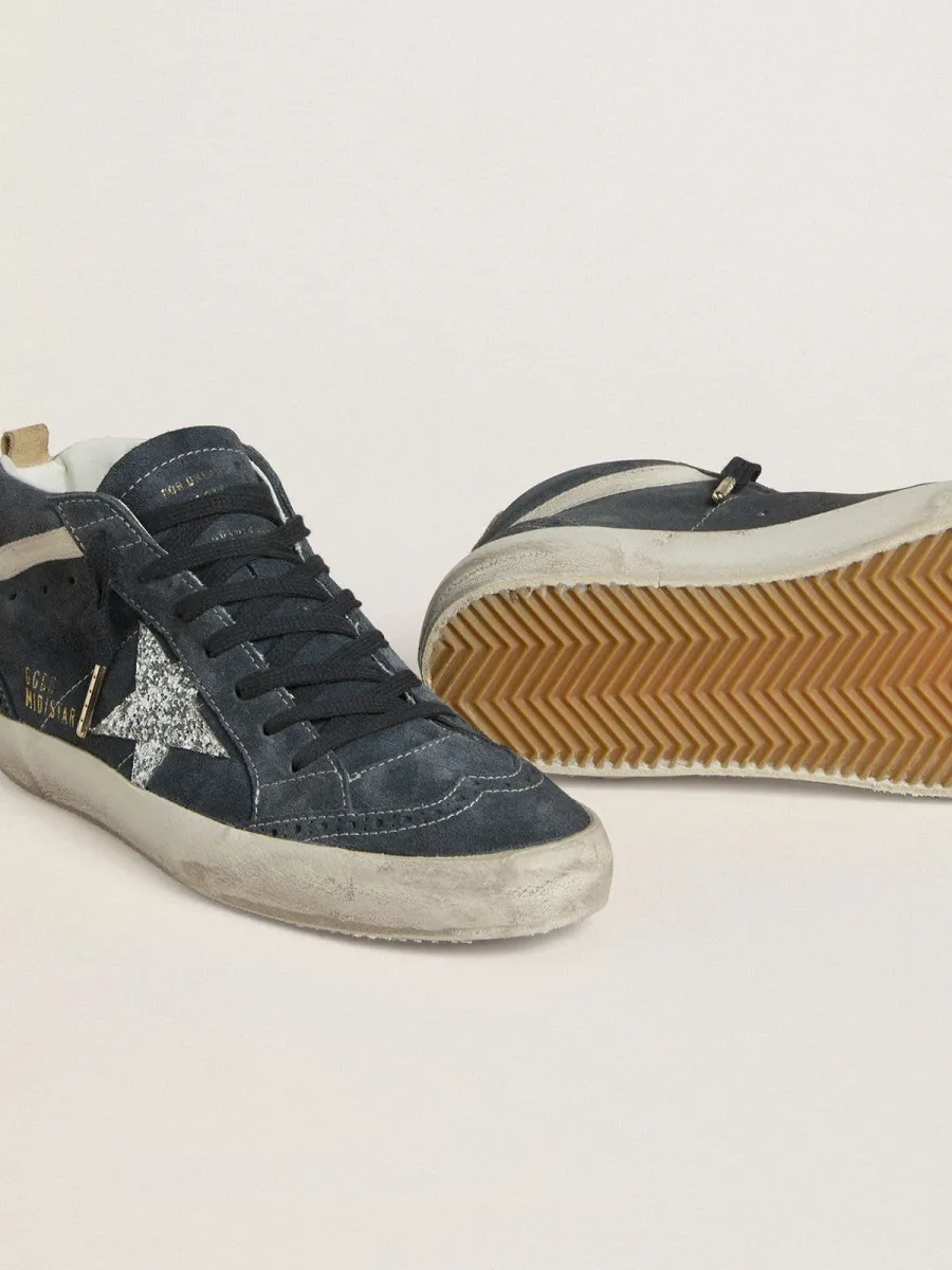 Mid Star Donna in suede blu petrolio con stella in glitter argento e virgola in cotone
