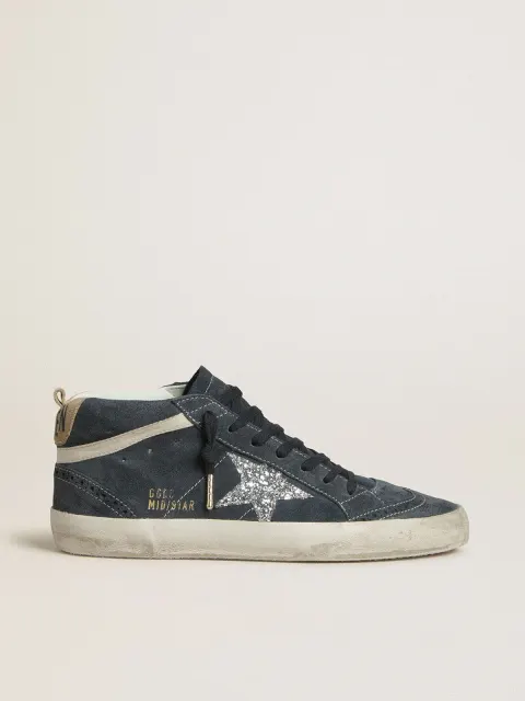 Mid Star Donna in suede blu petrolio con stella in glitter argento e virgola in cotone