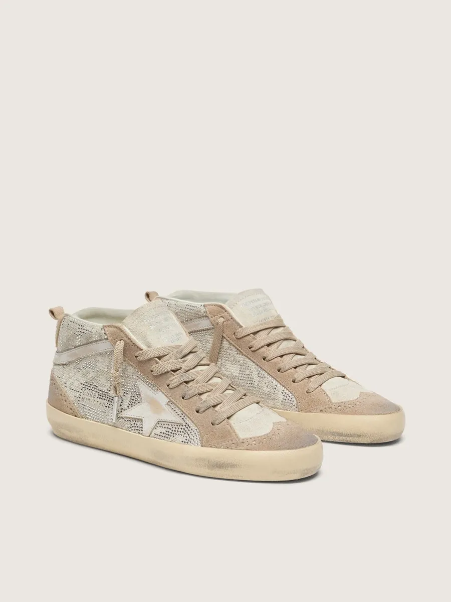 Mid Star donna in suede beige con Swarovski argento e stella in pelle bianca