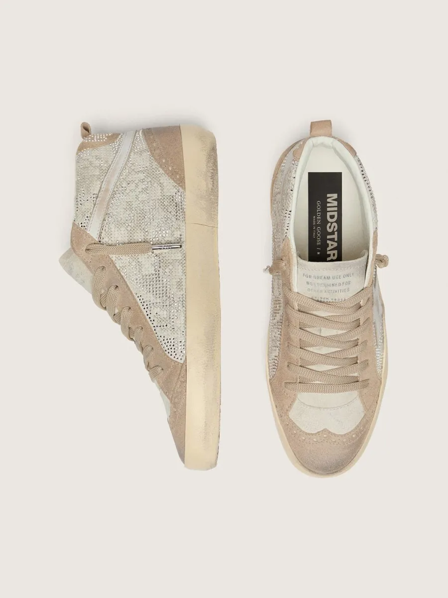 Mid Star donna in suede beige con Swarovski argento e stella in pelle bianca