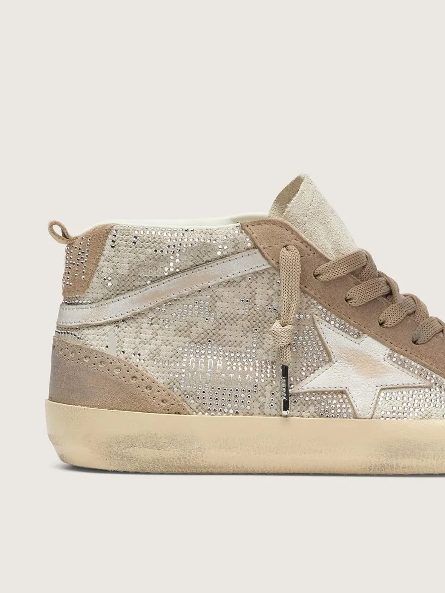 Mid Star donna in suede beige con Swarovski argento e stella in pelle bianca