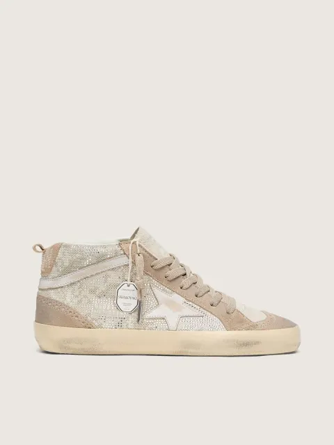 Mid Star donna in suede beige con Swarovski argento e stella in pelle bianca
