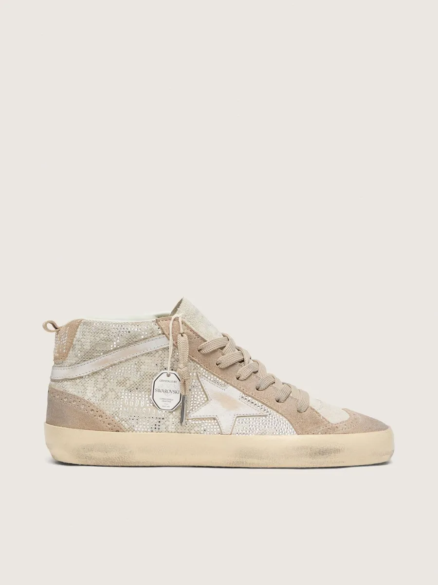 Mid Star donna in suede beige con Swarovski argento e stella in pelle bianca
