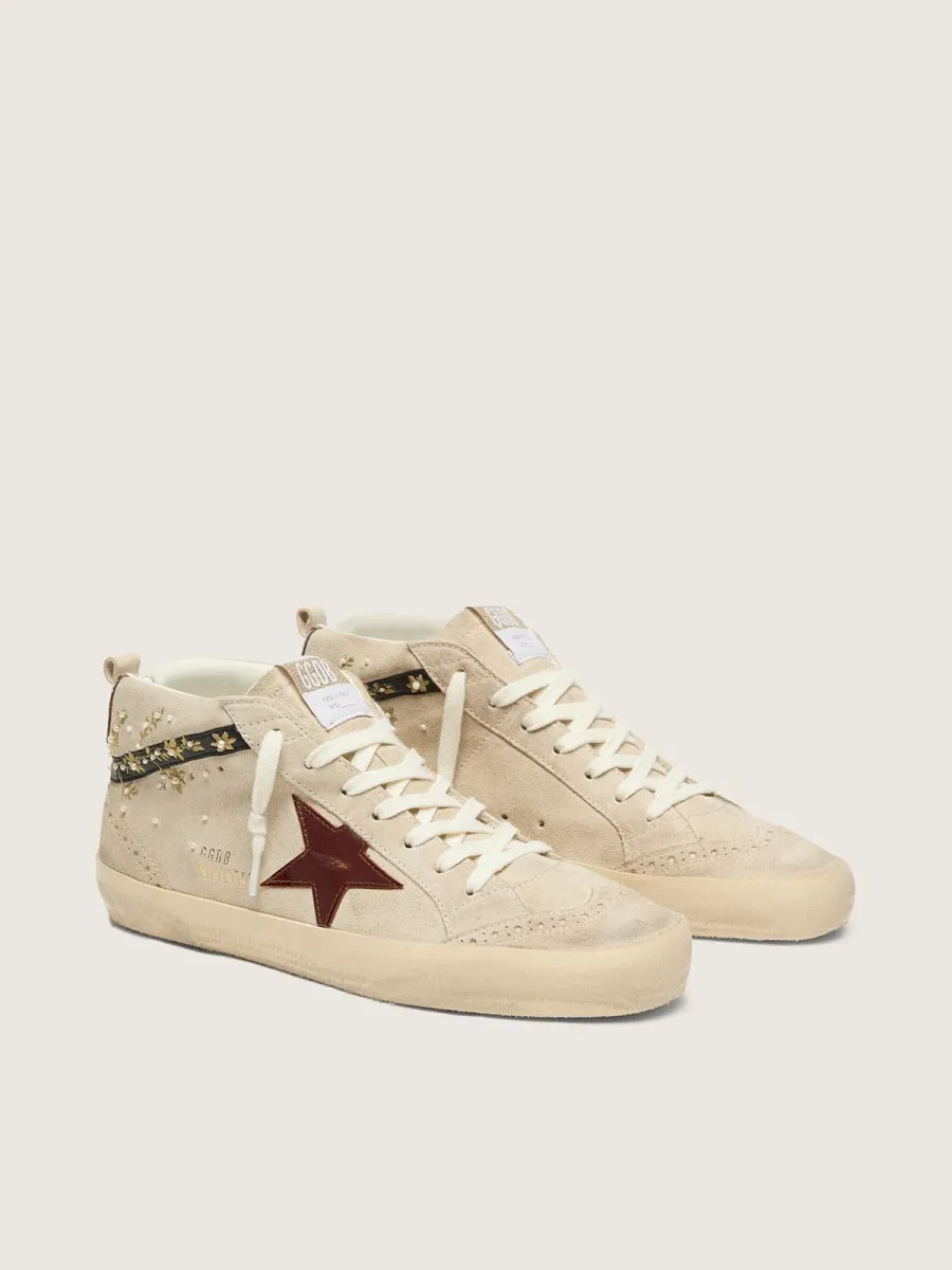 Mid Star donna in suede perla con stella in pelle burgundy e inserti con ricami e perle