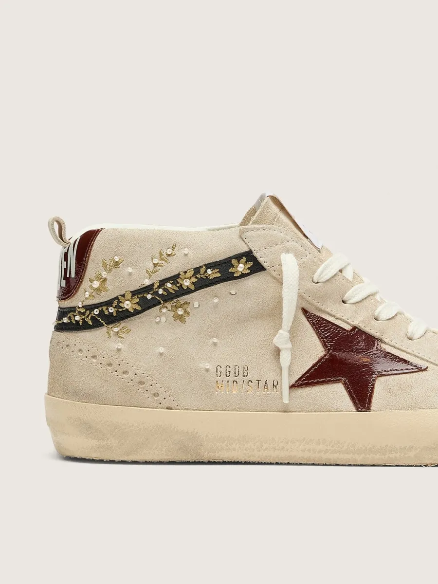 Mid Star donna in suede perla con stella in pelle burgundy e inserti con ricami e perle