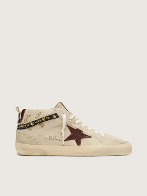 Mid Star donna in suede perla con stella in pelle burgundy e inserti con ricami e perle