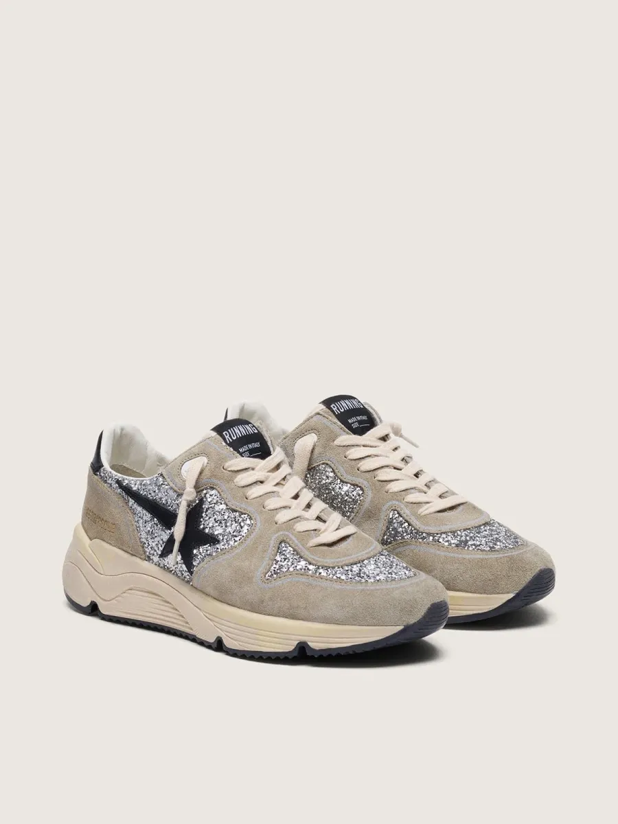 Running Sole Donna in glitter argento e suede tortora