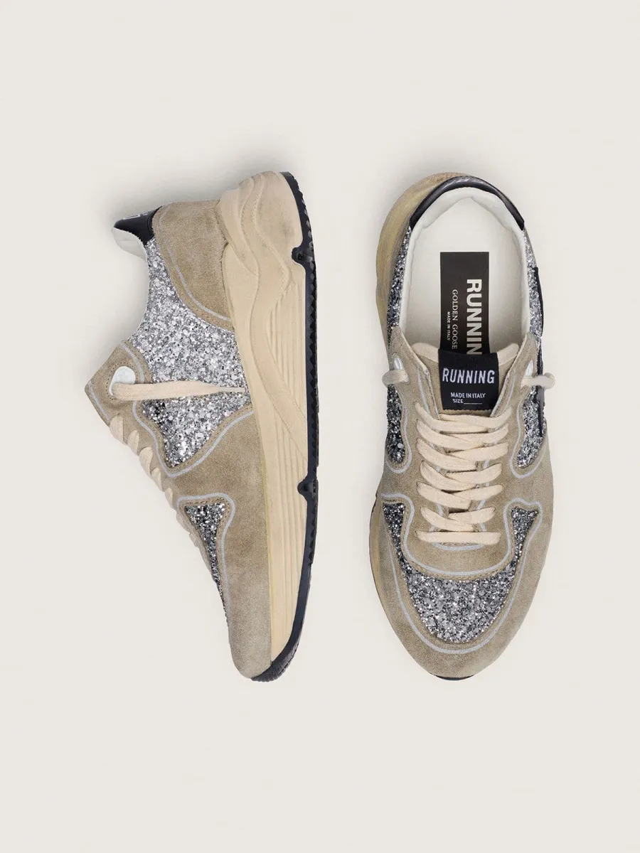 Running Sole Donna in glitter argento e suede tortora