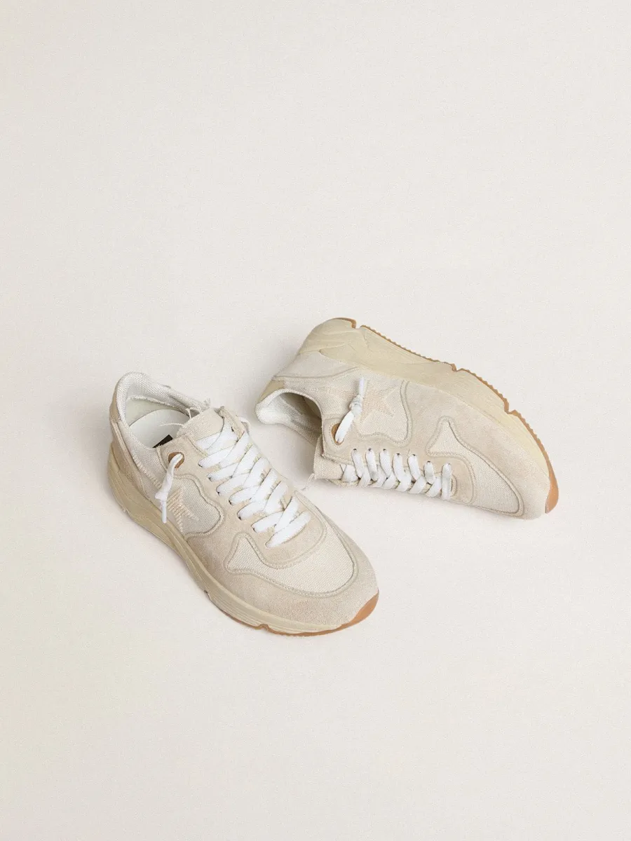 Running Sole Donna in canvas con stella beige e talloncino in pelle laminata platino