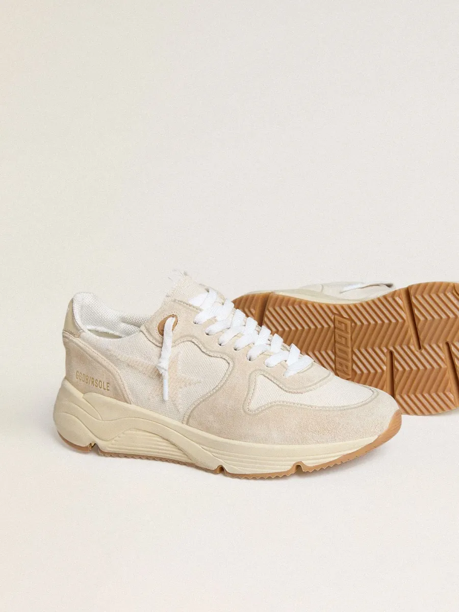Running Sole Donna in canvas con stella beige e talloncino in pelle laminata platino
