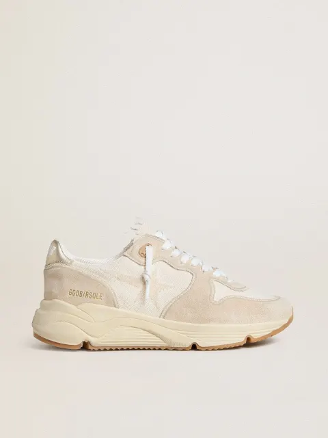 Running Sole Donna in canvas con stella beige e talloncino in pelle laminata platino