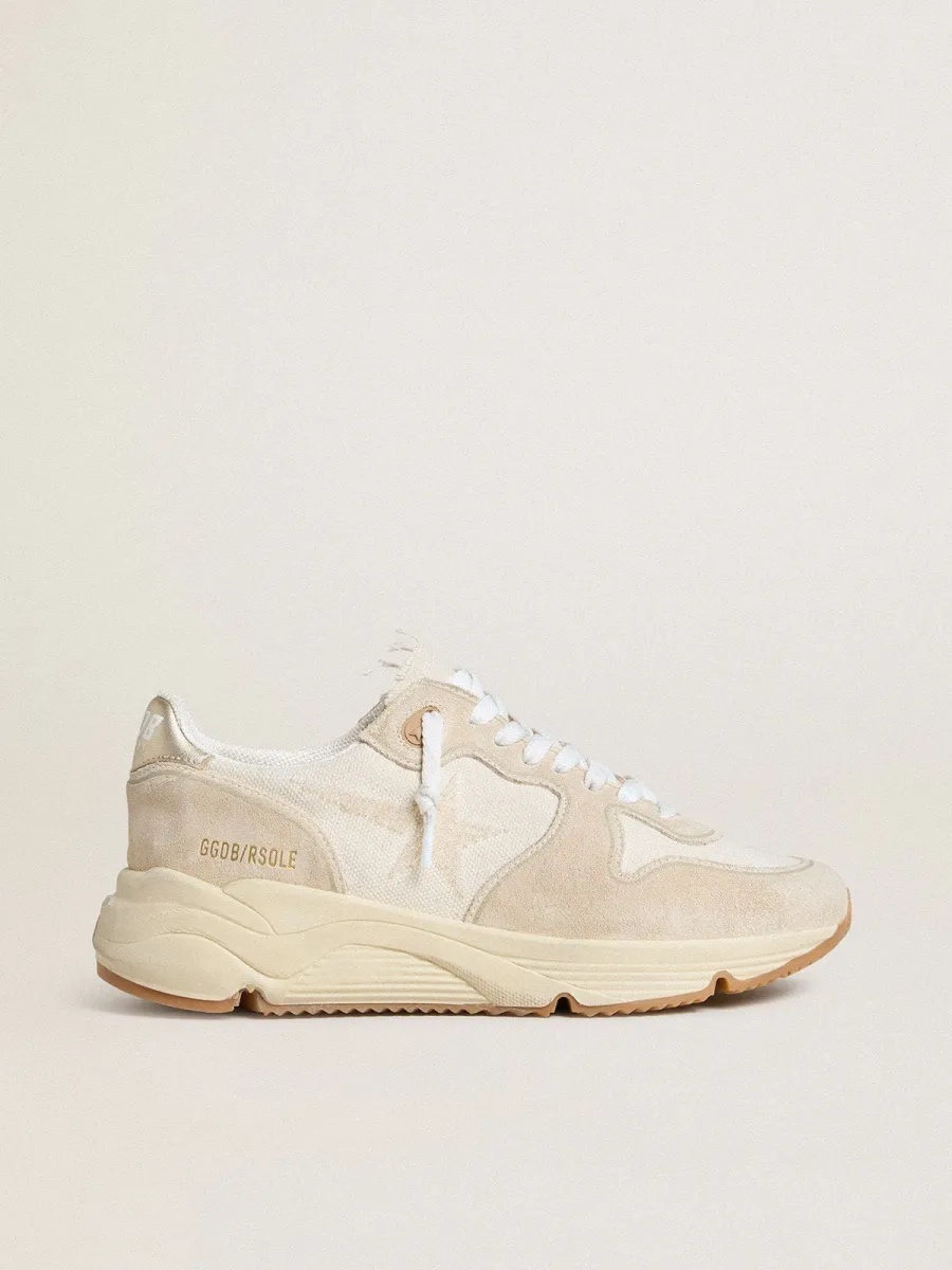 Running Sole Donna in canvas con stella beige e talloncino in pelle laminata platino