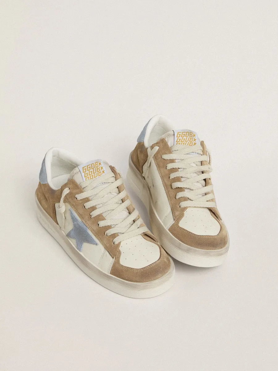 Stardan LTD in pelle bianca e suede color tabacco con stella e talloncino in suede azzurro