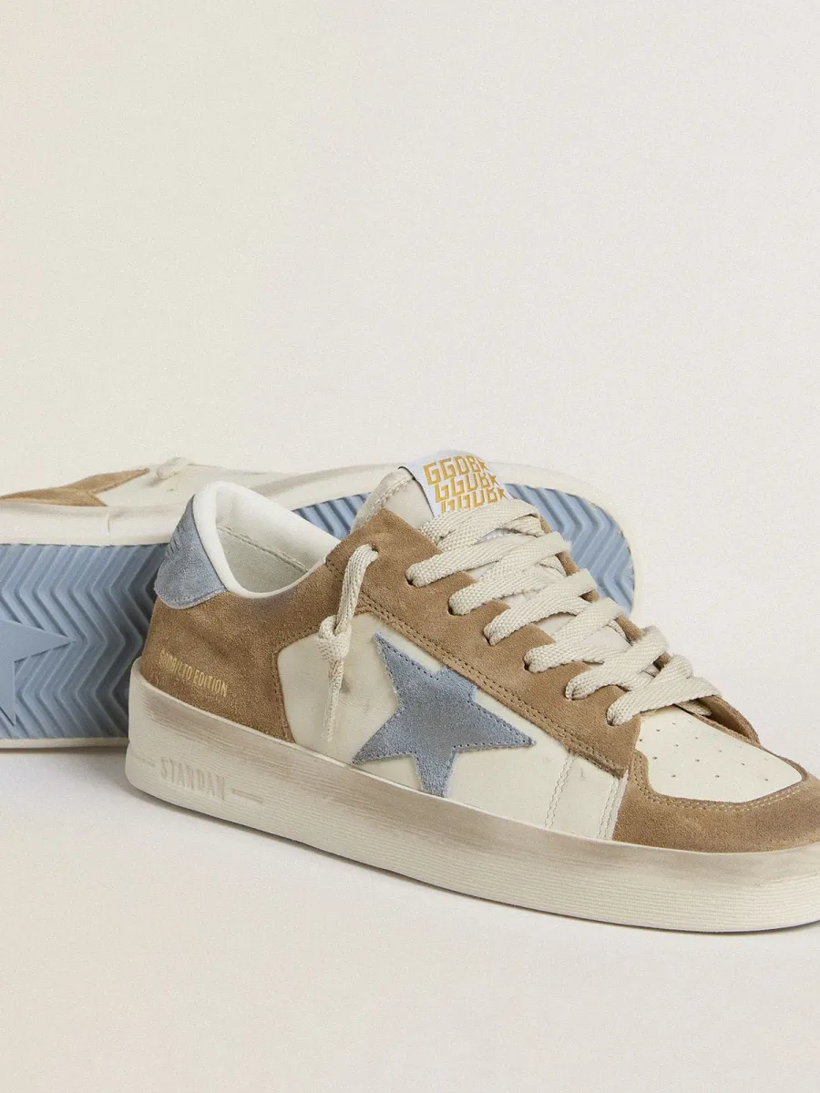 Stardan LTD in pelle bianca e suede color tabacco con stella e talloncino in suede azzurro