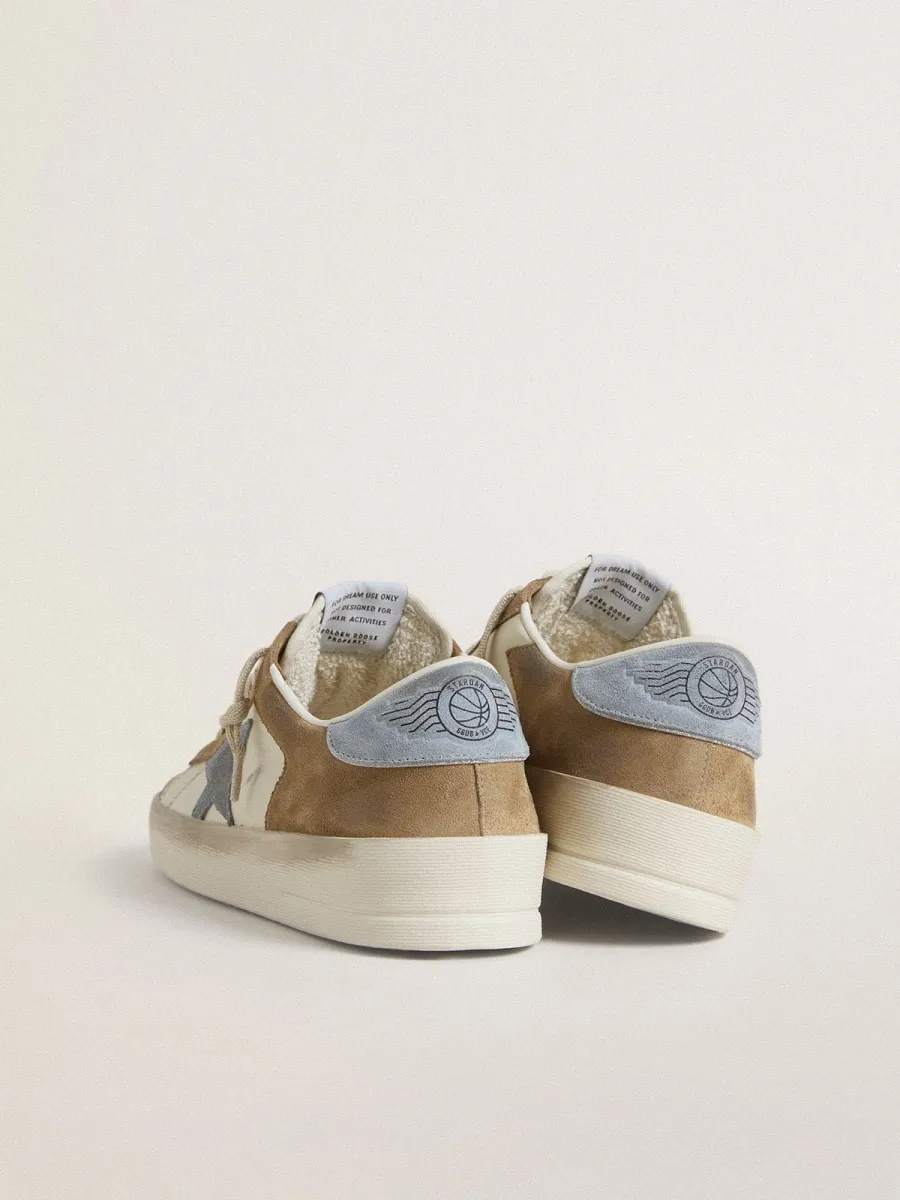 Stardan LTD in pelle bianca e suede color tabacco con stella e talloncino in suede azzurro