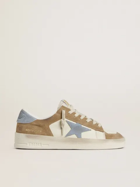 Stardan LTD in pelle bianca e suede color tabacco con stella e talloncino in suede azzurro