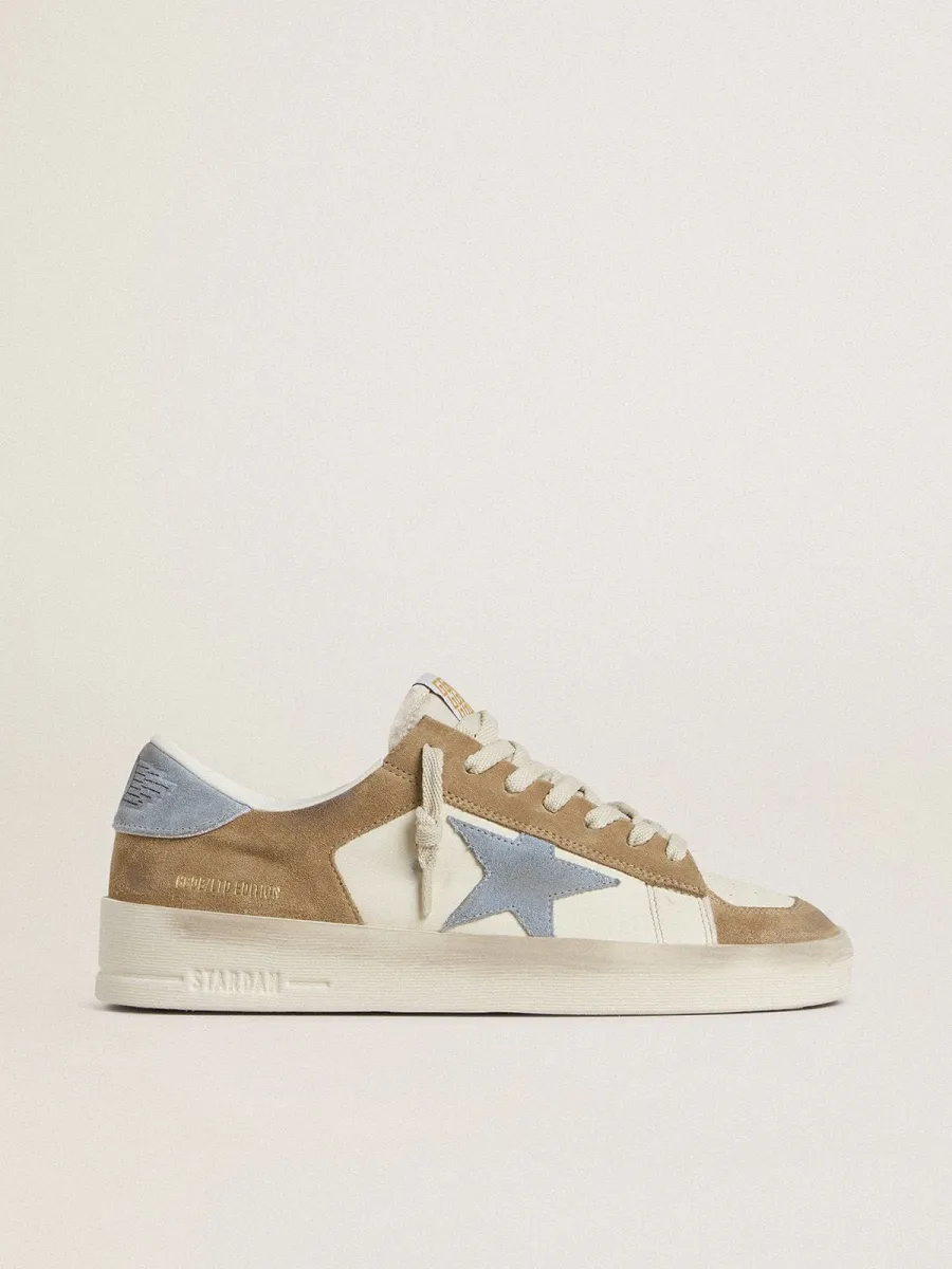Stardan LTD in pelle bianca e suede color tabacco con stella e talloncino in suede azzurro