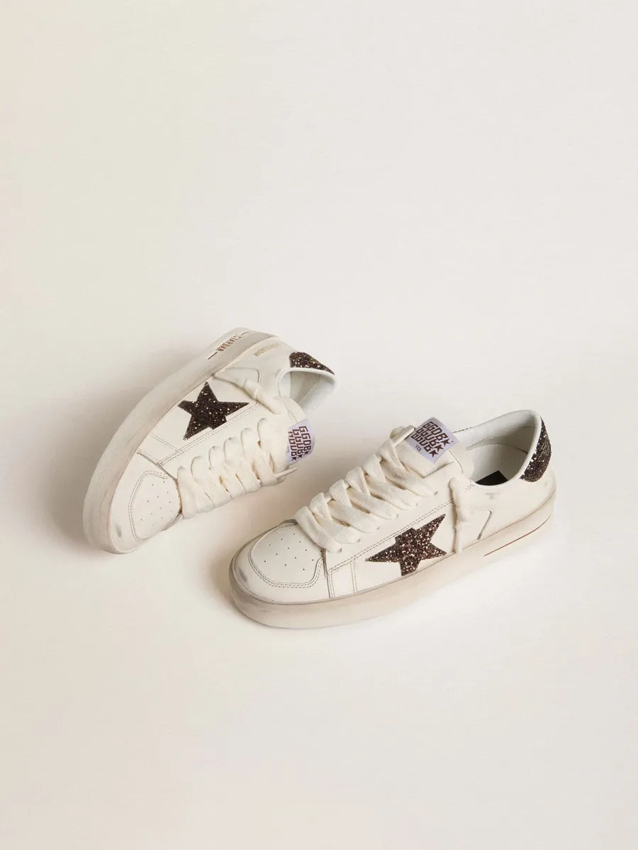 Stardan Donna in pelle bianca con stella e talloncino in glitter marroni
