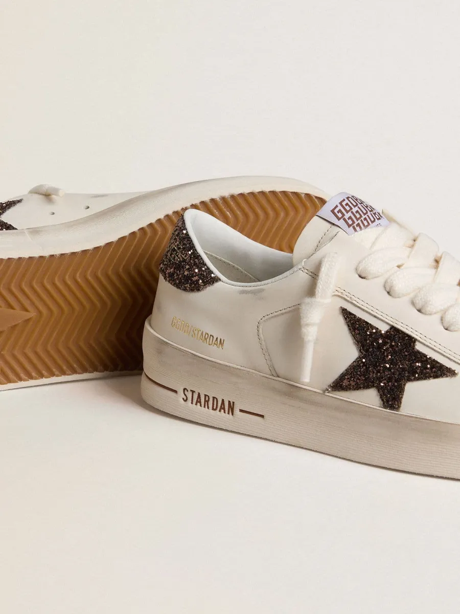 Stardan Donna in pelle bianca con stella e talloncino in glitter marroni