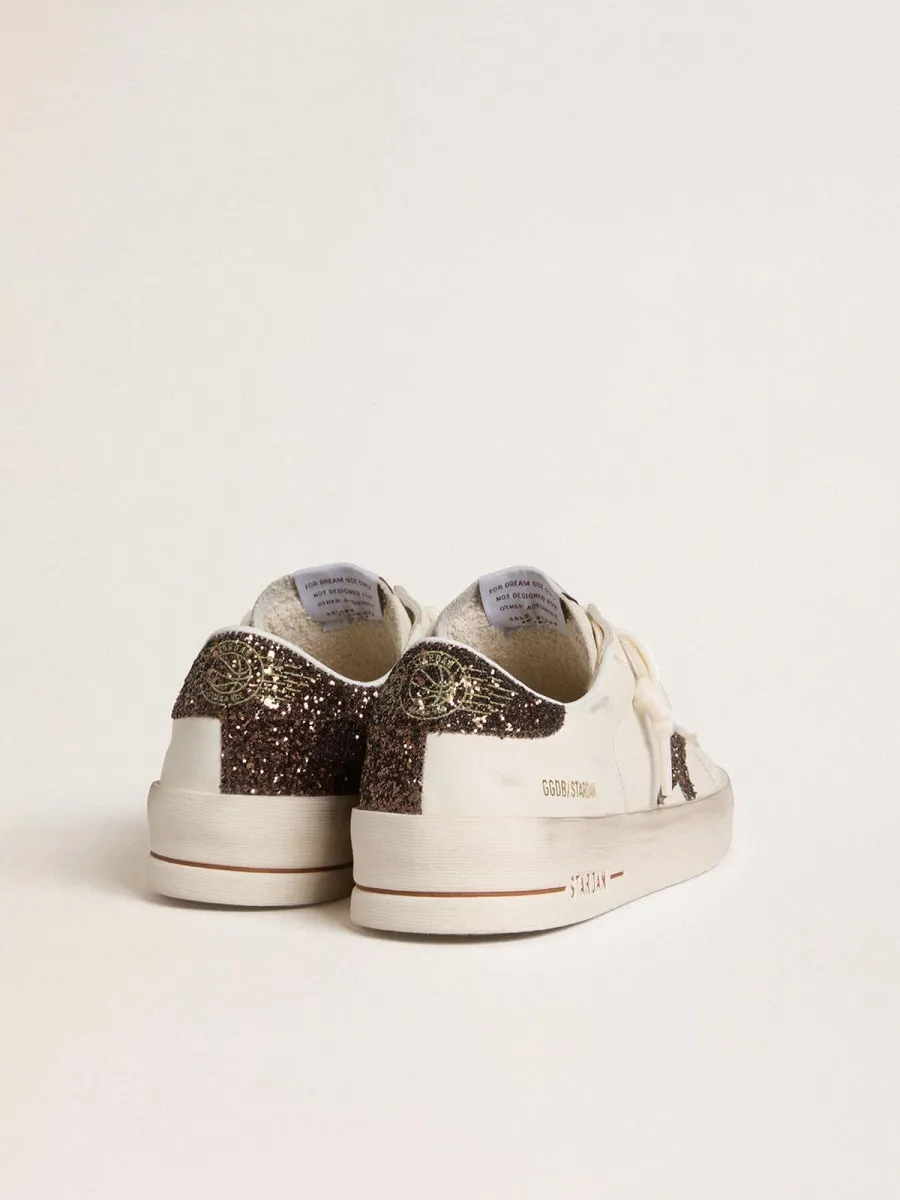 Stardan Donna in pelle bianca con stella e talloncino in glitter marroni