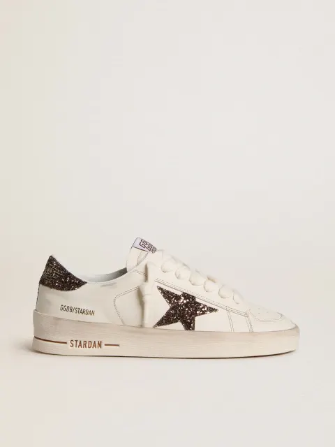 Stardan Donna in pelle bianca con stella e talloncino in glitter marroni