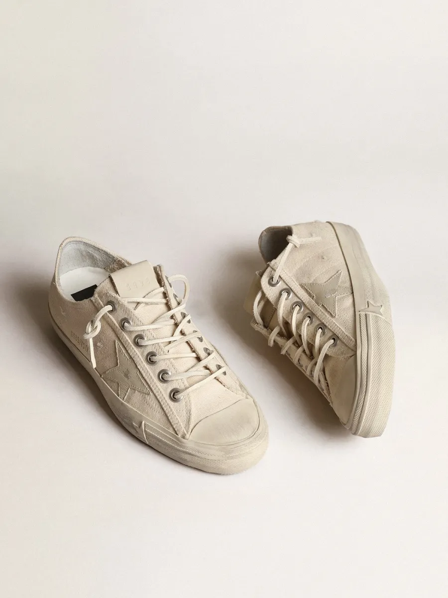 V-Star in canvas color bianco panna con stella in pelle color bianco latte
