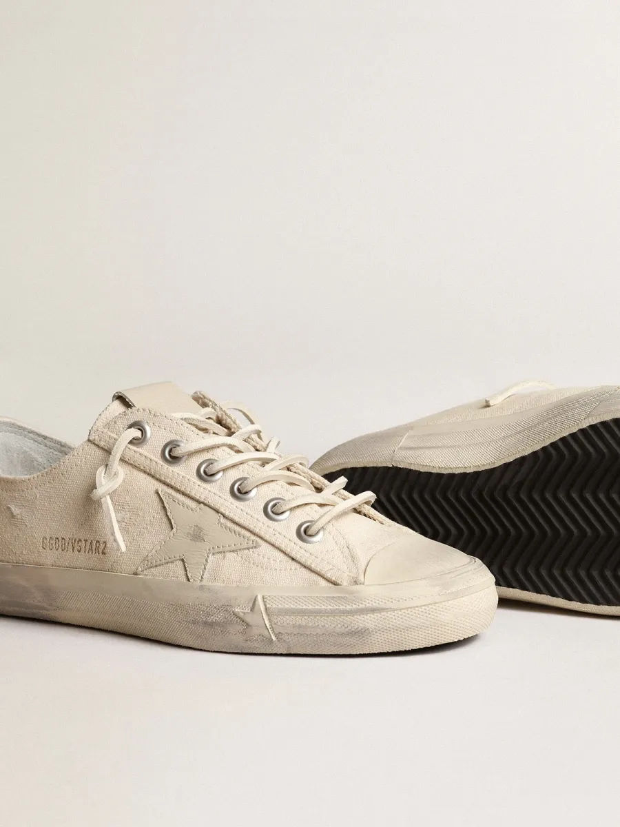 V-Star in canvas color bianco panna con stella in pelle color bianco latte