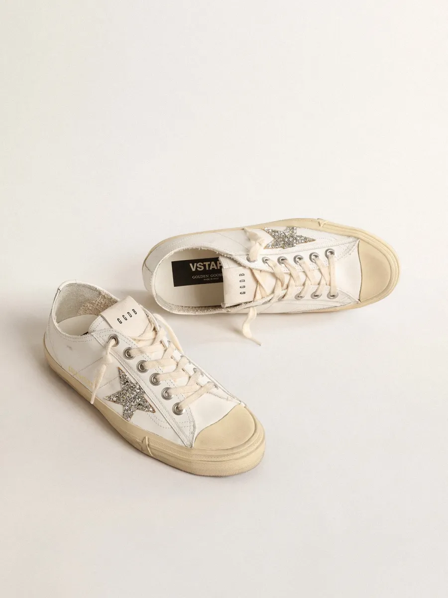 V-Star in pelle bianca con stella in glitter color platino