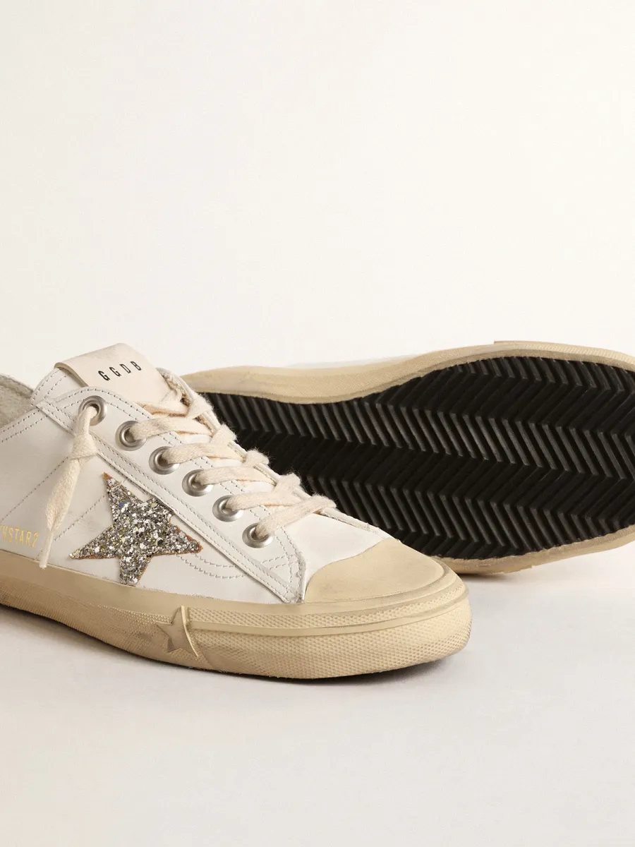 V-Star in pelle bianca con stella in glitter color platino