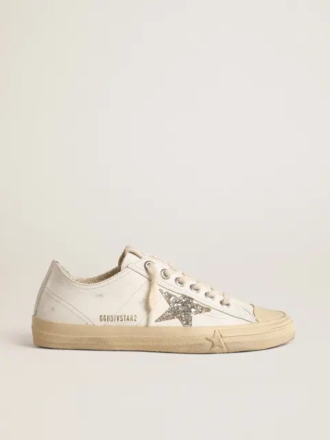 V-Star in pelle bianca con stella in glitter color platino