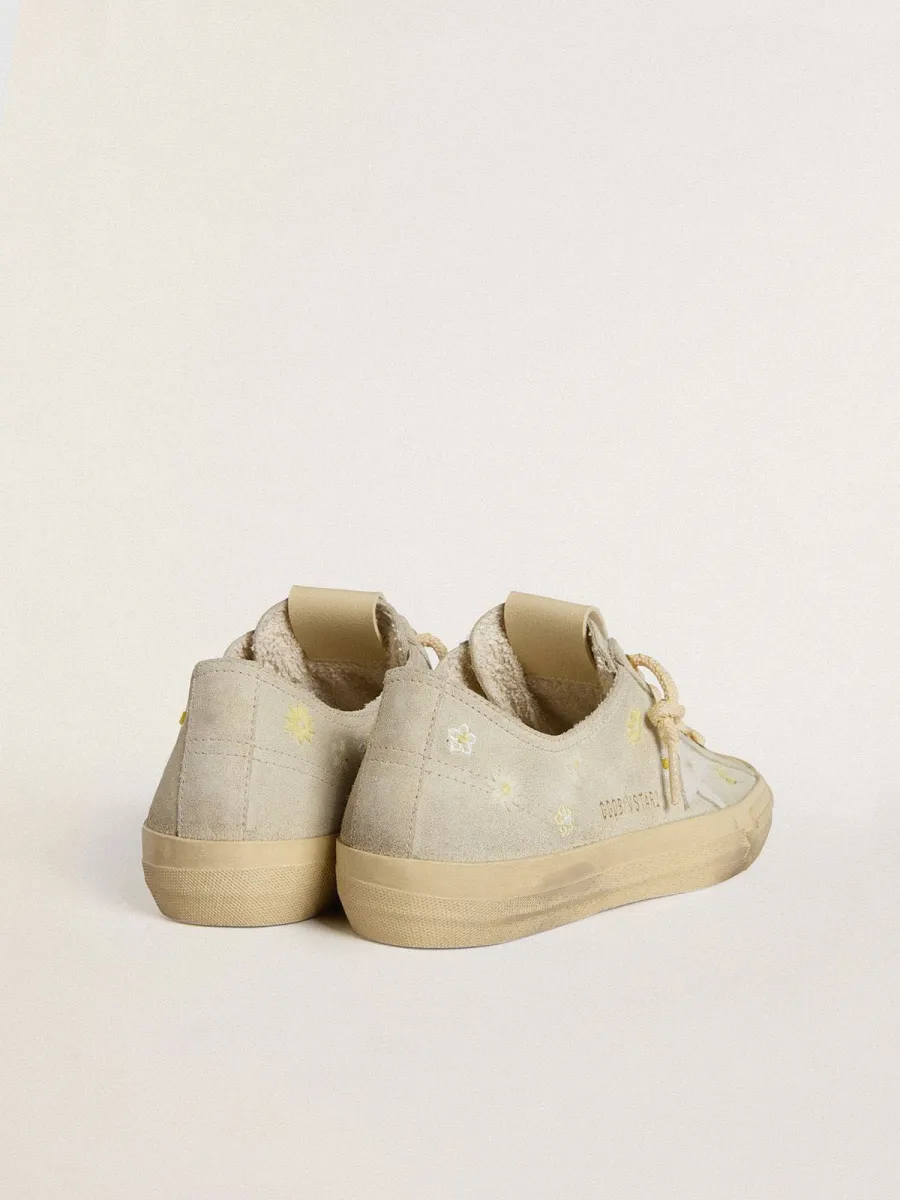 V-Star Donna in suede grigio ghiaccio con stella in pelle bianca e ricami floreali