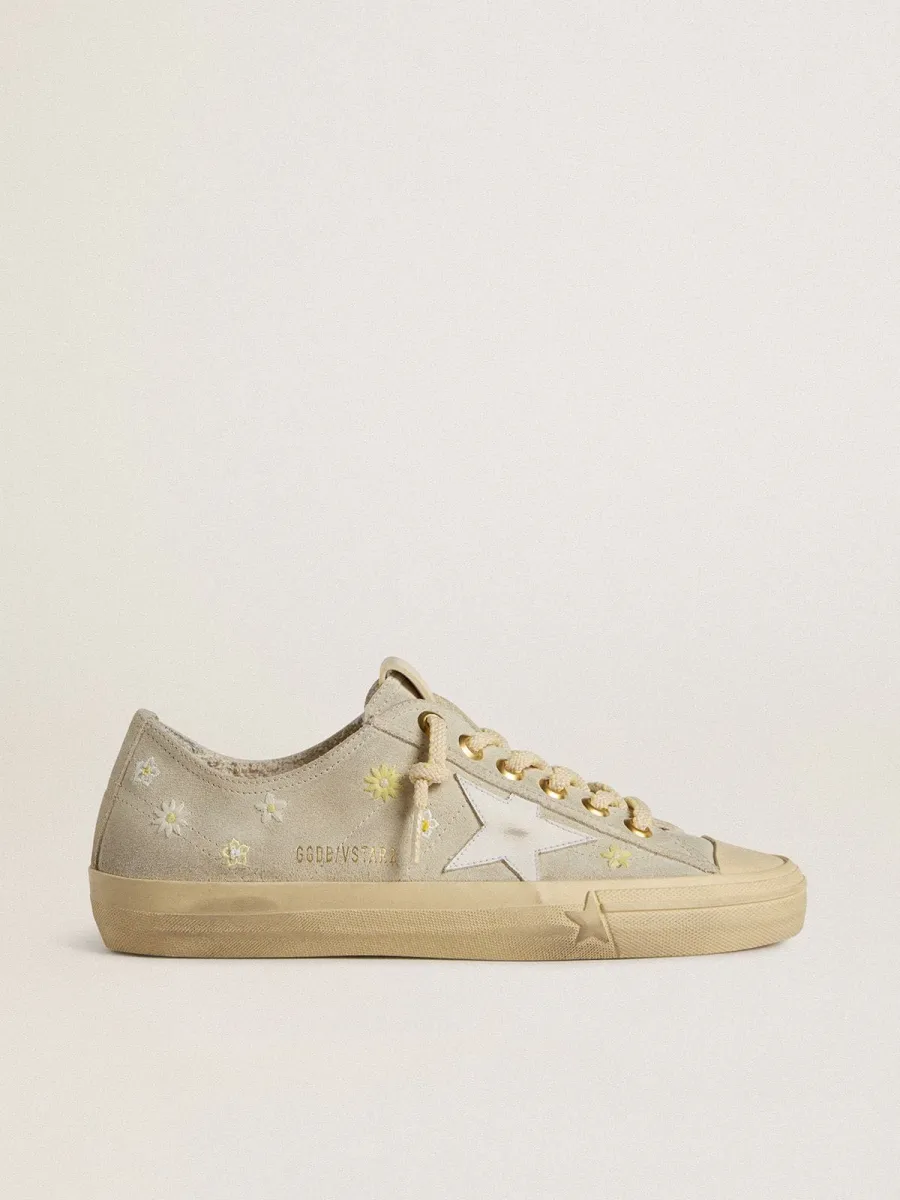 V-Star Donna in suede grigio ghiaccio con stella in pelle bianca e ricami floreali