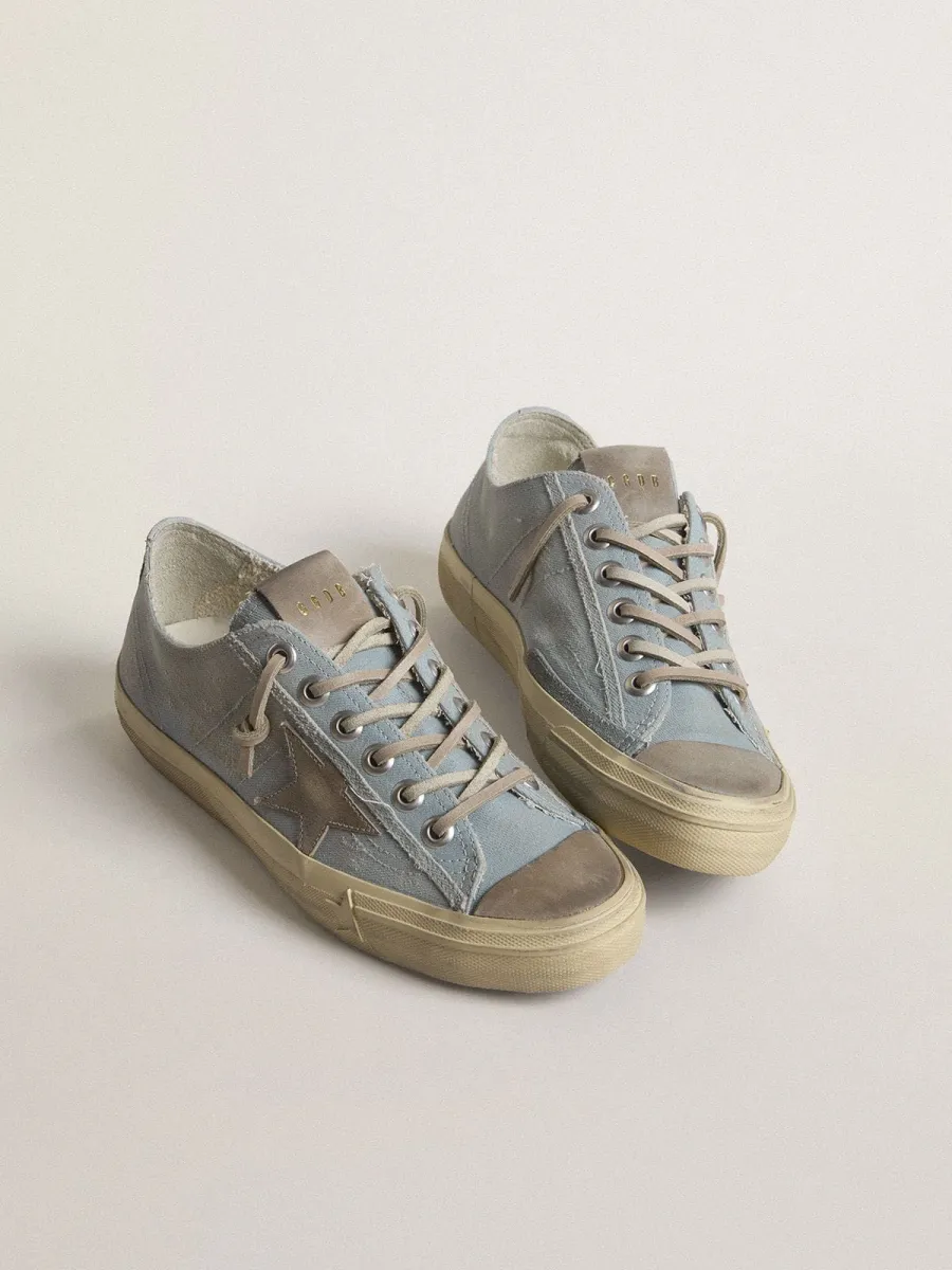 V-Star Donna in canvas azzurro con stella in pelle color tortora