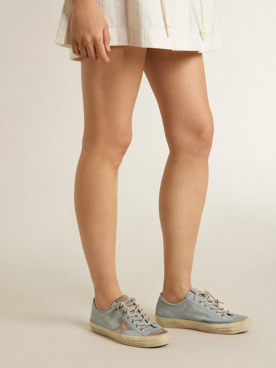 V-Star Donna in canvas azzurro con stella in pelle color tortora