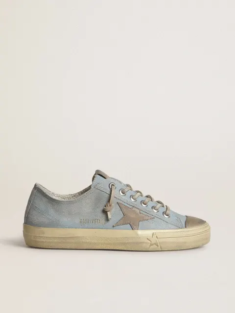 V-Star Donna in canvas azzurro con stella in pelle color tortora