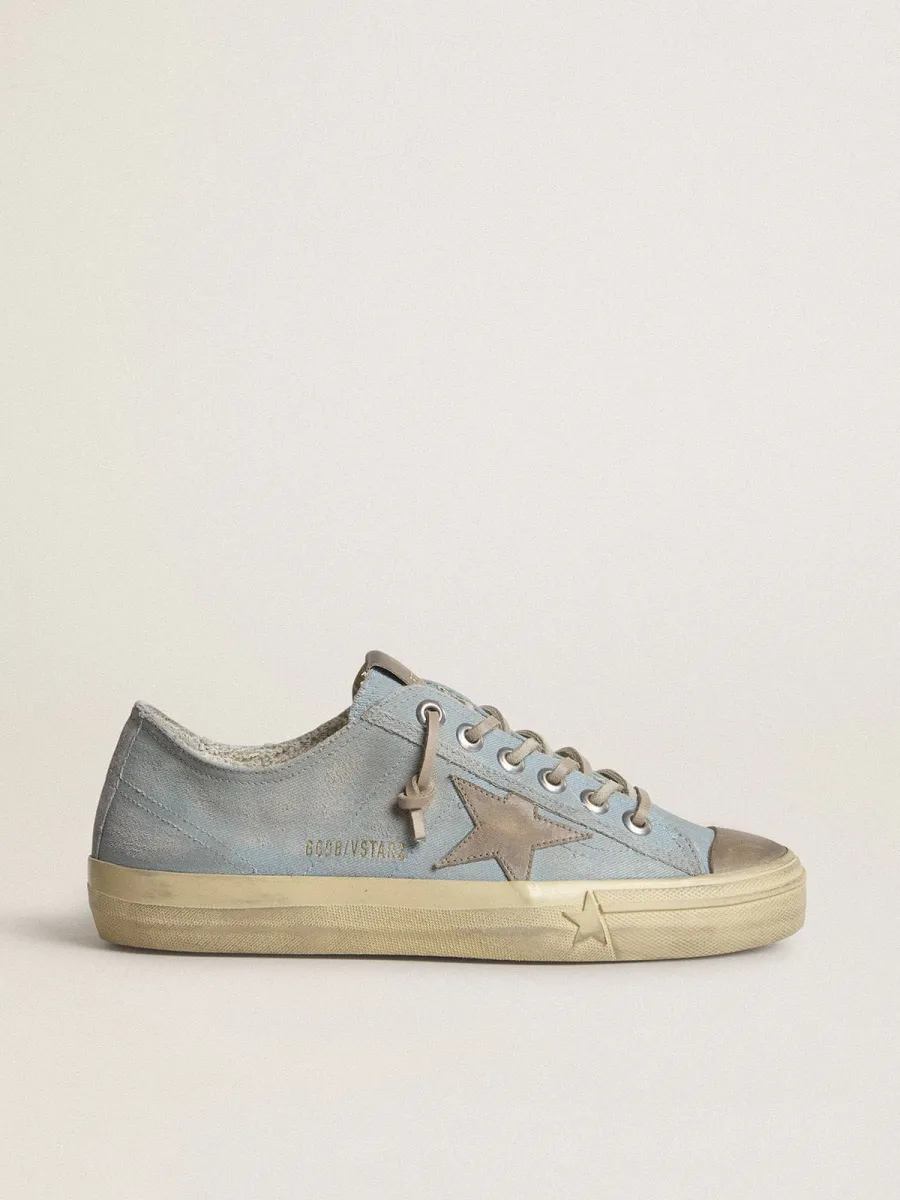 V-Star Donna in canvas azzurro con stella in pelle color tortora
