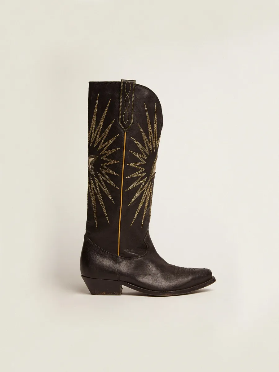 Stivali Wish Star in pelle nera con stella a intarsio in pelle laminata color platino