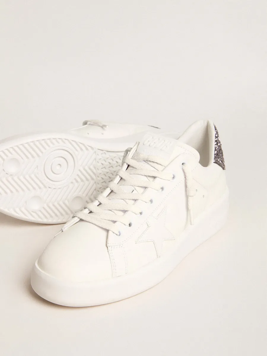 Purestar Donna con stella in pelle bianca e talloncino in glitter antracite