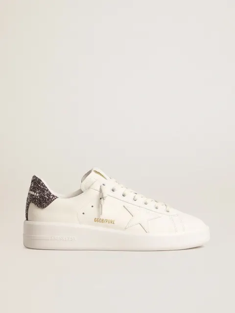 Purestar Donna con stella in pelle bianca e talloncino in glitter antracite