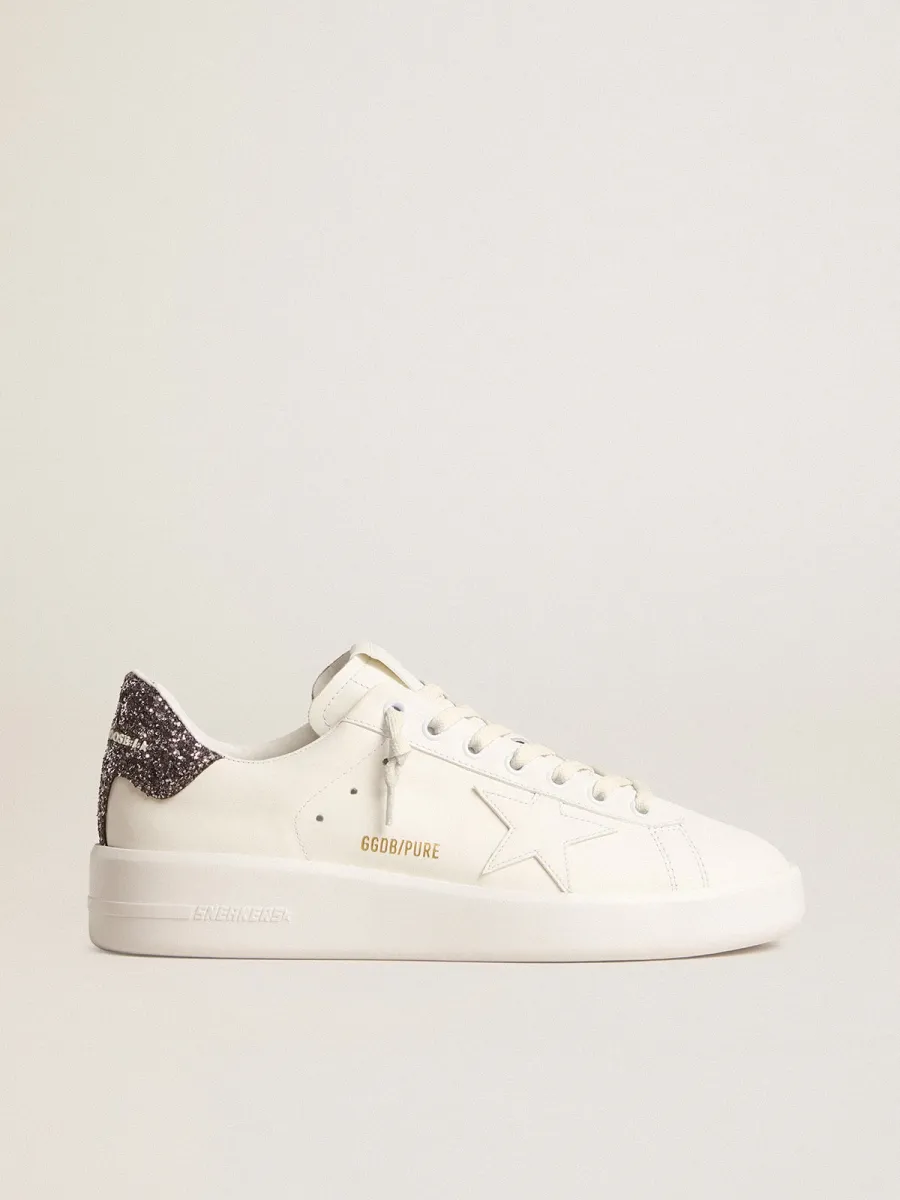 Purestar Donna con stella in pelle bianca e talloncino in glitter antracite