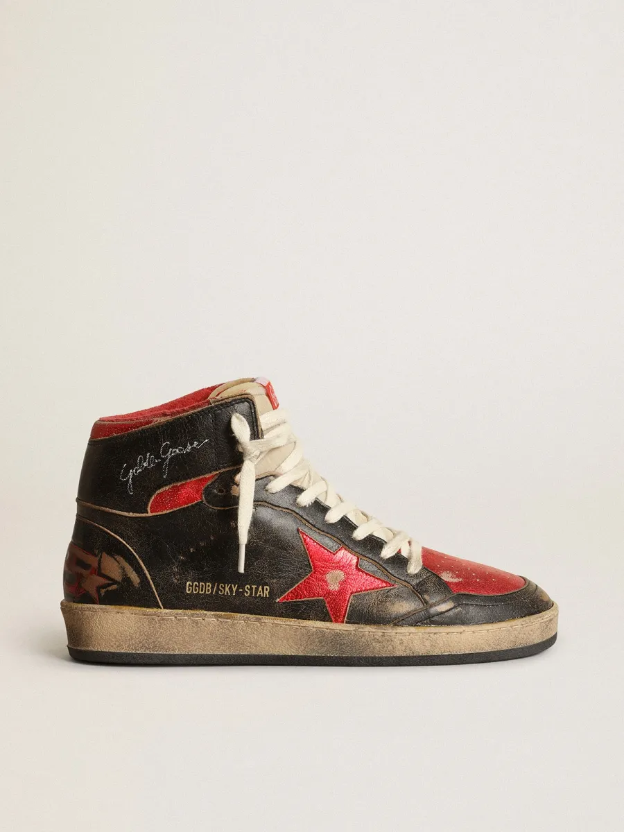 Sky-Star Donna in pelle lucida nera con stella rossa