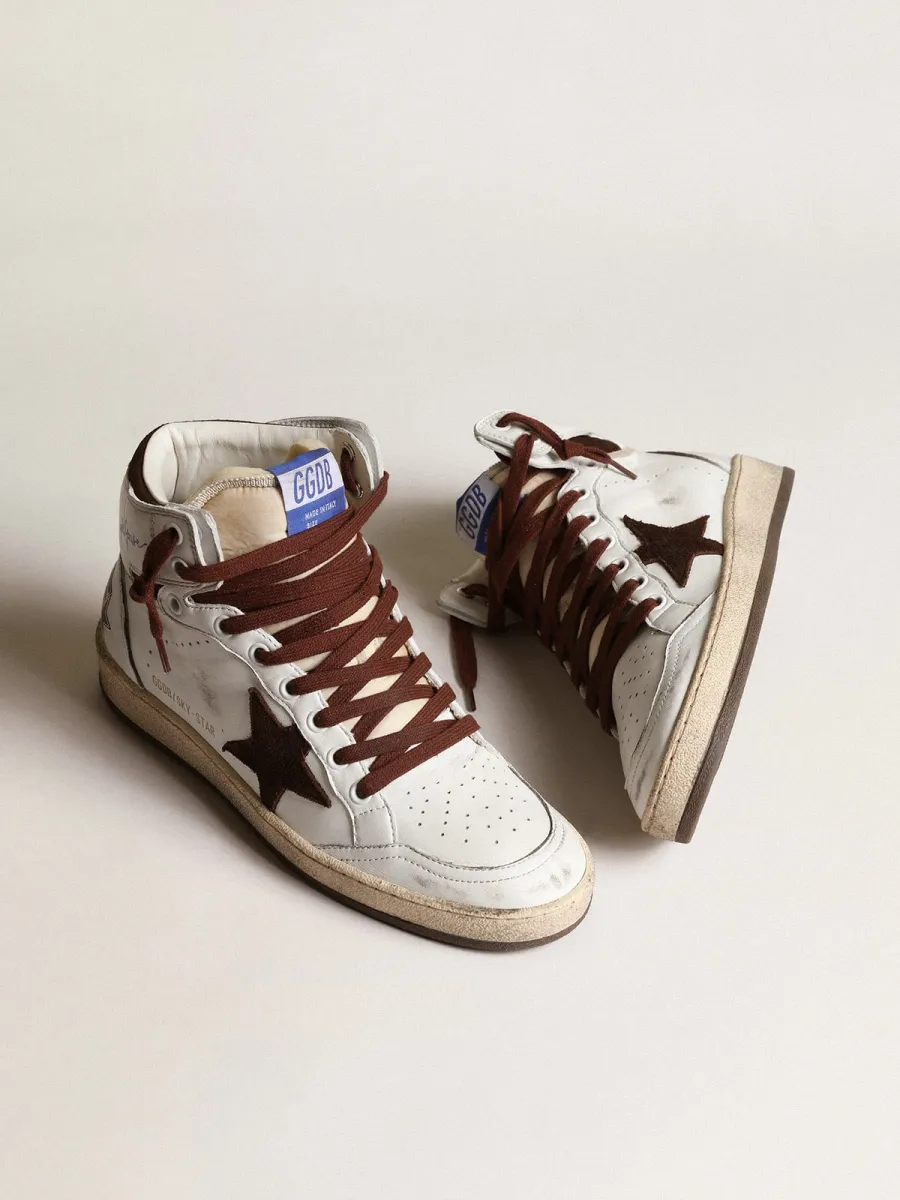 Sky-Star Donna in nappa bianca con stella in suede cioccolato