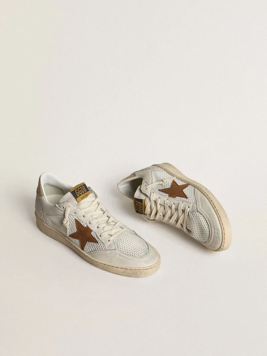 Ball Star Donna in nappa e rete bianca con stella in nabuk color tabacco e talloncino beige