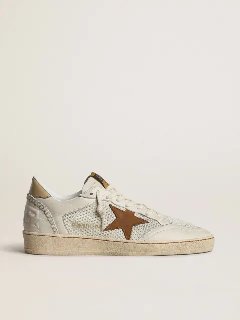 Ball Star Donna in nappa e rete bianca con stella in nabuk color tabacco e talloncino beige