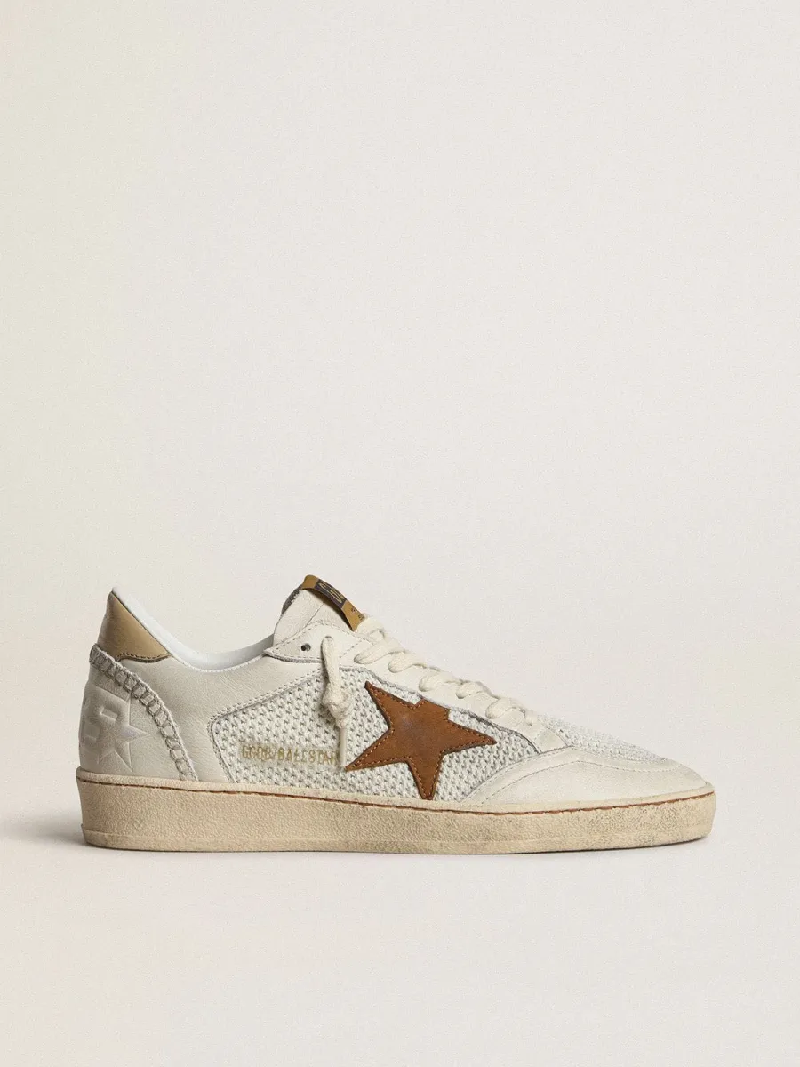 Ball Star Donna in nappa e rete bianca con stella in nabuk color tabacco e talloncino beige