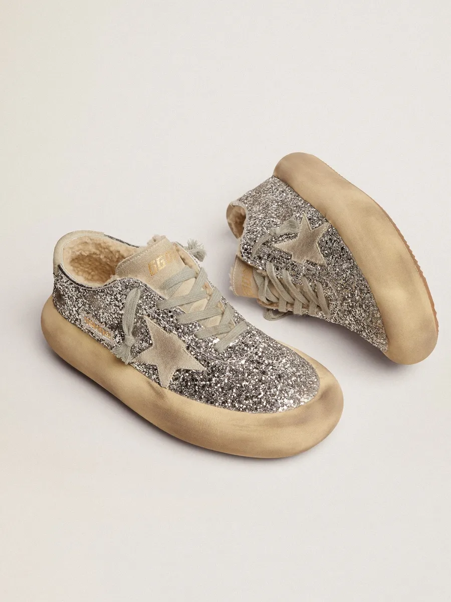 Scarpe Space-Star Donna in glitter argento e fodera in shearling