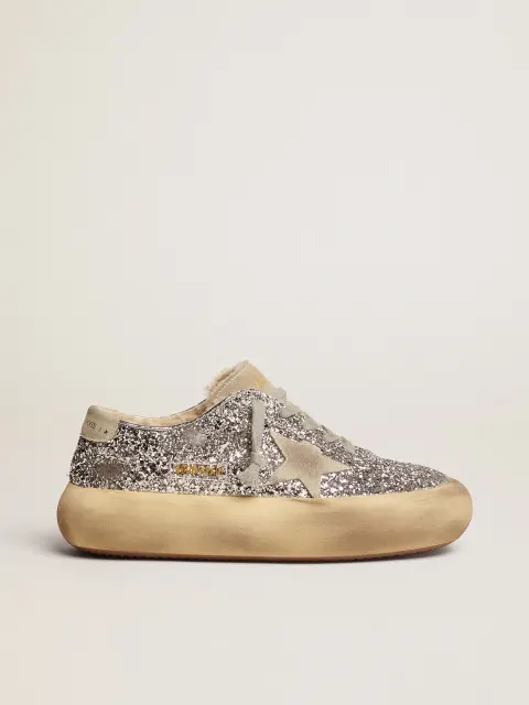 Scarpe Space-Star Donna in glitter argento e fodera in shearling