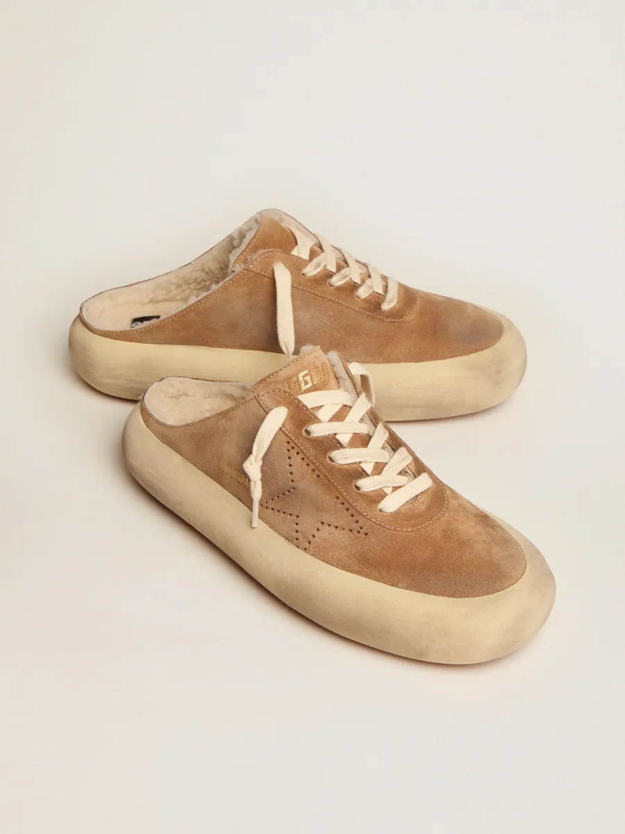 Scarpe Space-Star Sabot Donna in suede color tabacco e fodera in shearling