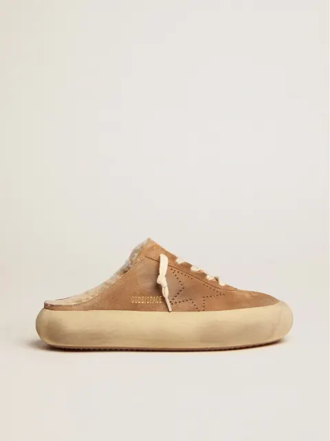 Scarpe Space-Star Sabot Donna in suede color tabacco e fodera in shearling
